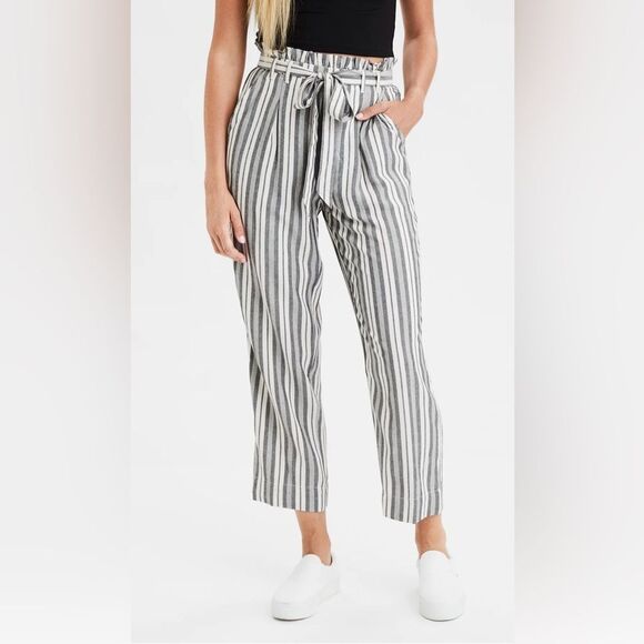 American Eagle Wide Leg Pants Paper Bag Waist Striped with Pockets Size Small - Picture 3 of 15